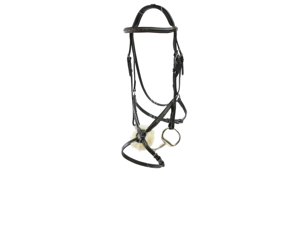 Sterling Figure Eight Bridle with Reins. Fancy stitched, raised and padded browband and noseband. Soft fleece lining on the noseband. Stainless steel hardware. Continental webbing reins.