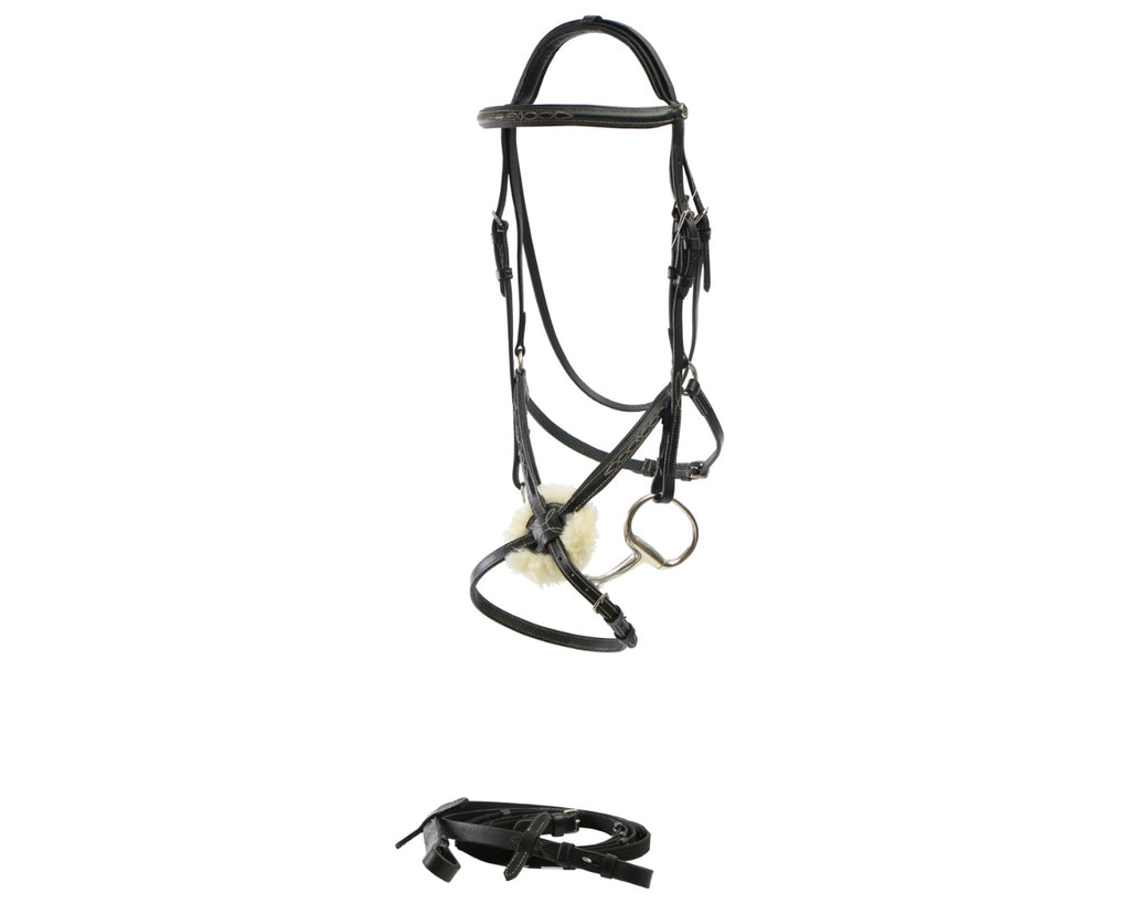 Sterling Figure Eight Bridle with Reins. Fancy stitched, raised and padded browband and noseband. Soft fleece lining on the noseband. Stainless steel hardware. Continental webbing reins.