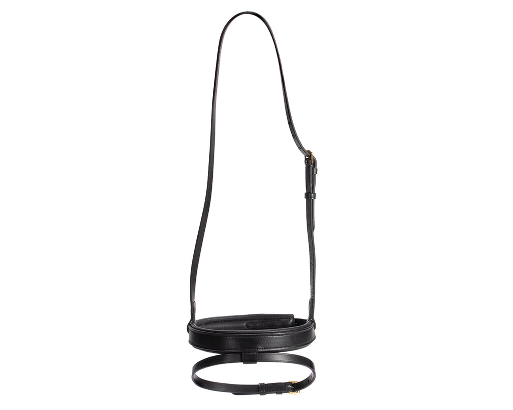 A black Hanoverian Noseband made of leather, with raised and padded features and soft leather lining. The noseband can be fastened to a bridle