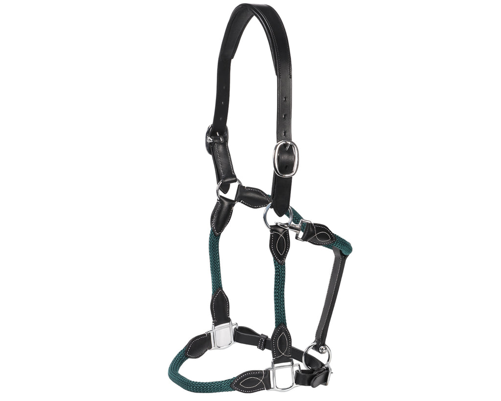 Leather and Rope Halter - Hunter Green & Black