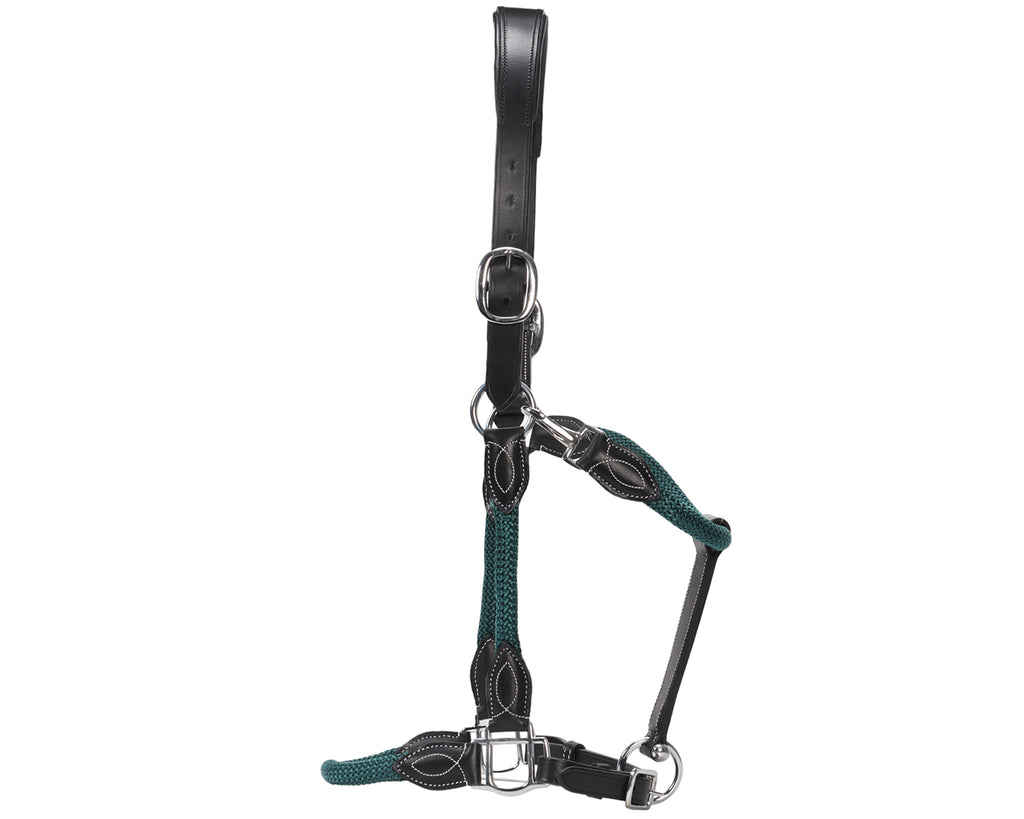 Leather and Rope Halter - Hunter Green & Black