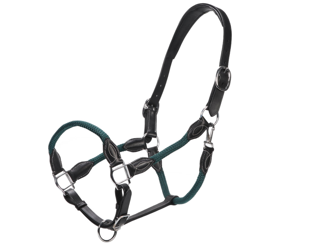 Leather and Rope Halter - Hunter Green & Black