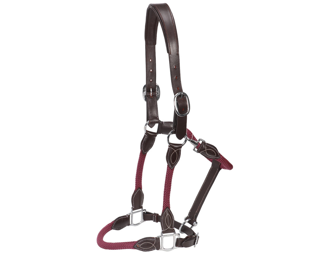 Leather and Rope Halter - Burgundy & Brown