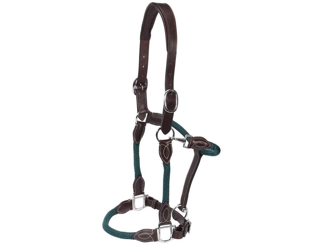 Leather and Rope Halter - Hunter Green & Brown