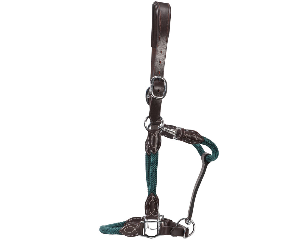 Leather and Rope Halter - Hunter Green & Brown