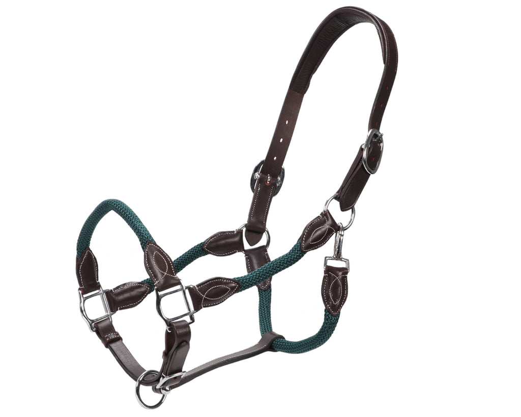 Leather and Rope Halter - Hunter Green & Brown