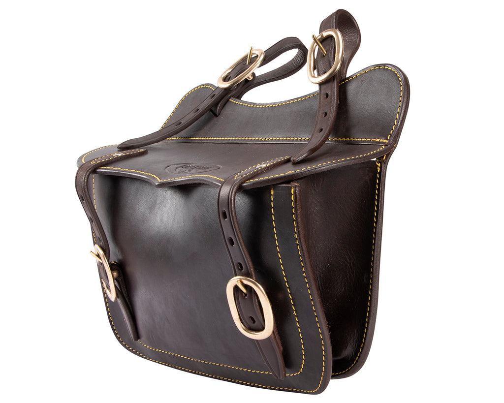 Fort Worth Stockman's Saddle Bags - A pair of brown leather saddle bags with adjustable straps. The bags have a spacious interior for storing trail essentials and feature contrast stitching and brass hardware for added style and durability.