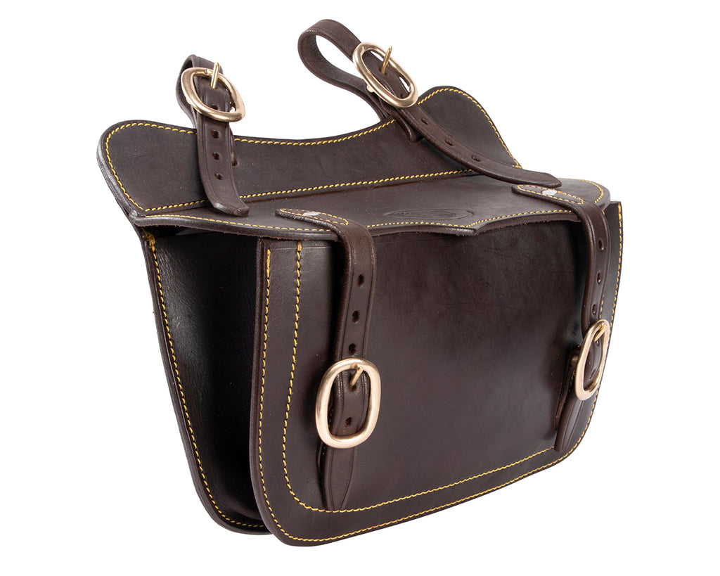 Fort Worth Stockman's Saddle Bags - A pair of brown leather saddle bags with adjustable straps. The bags have a spacious interior for storing trail essentials and feature contrast stitching and brass hardware for added style and durability.