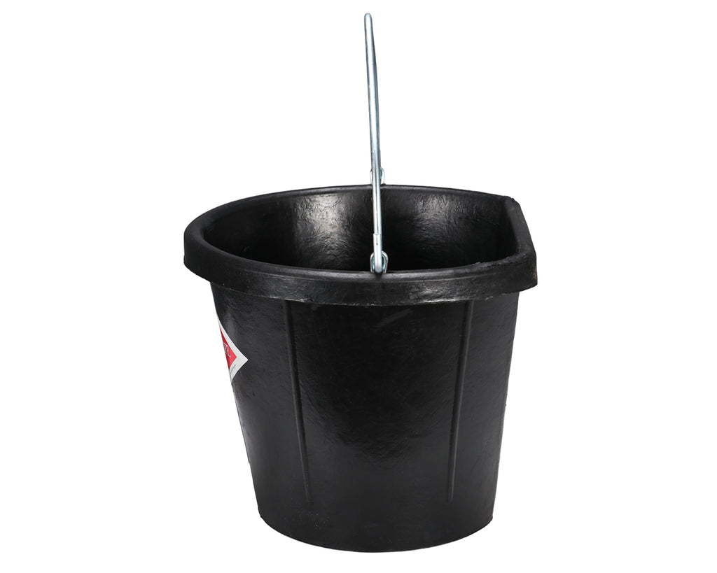 Stock-Safe Flat Back Bucket - 17L is shaped with a flat back to act as a wall bucket perfect for the stable, reducing the chance of the bucket being kicked over, including a sturdy handle with rubber padding for comfort