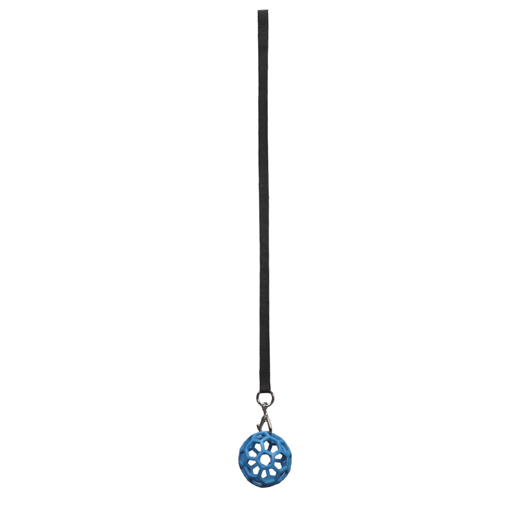 Horsemaster Blue Rubber Feed Ball, with a 90cm durable strap for secure attachment.