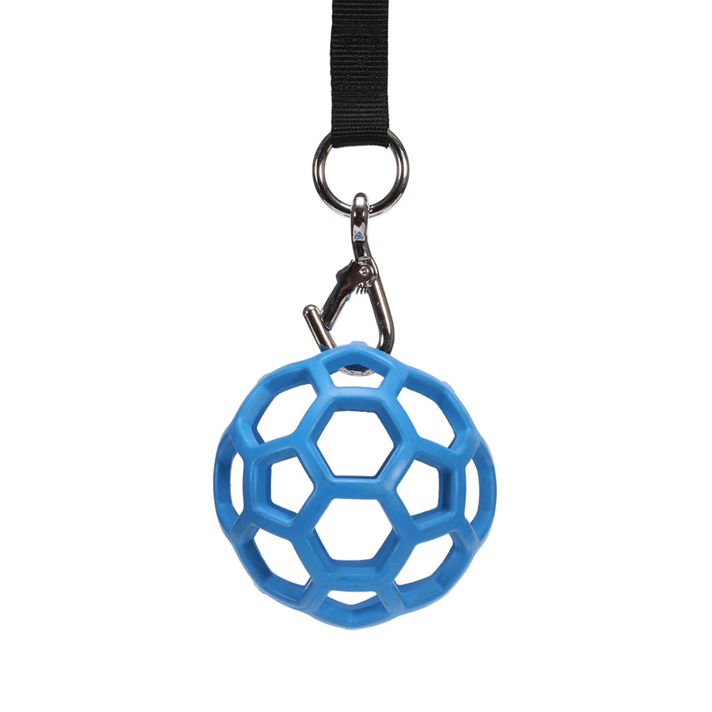 Horsemaster Blue Rubber Feed Ball, with a 90cm durable strap for secure attachment.