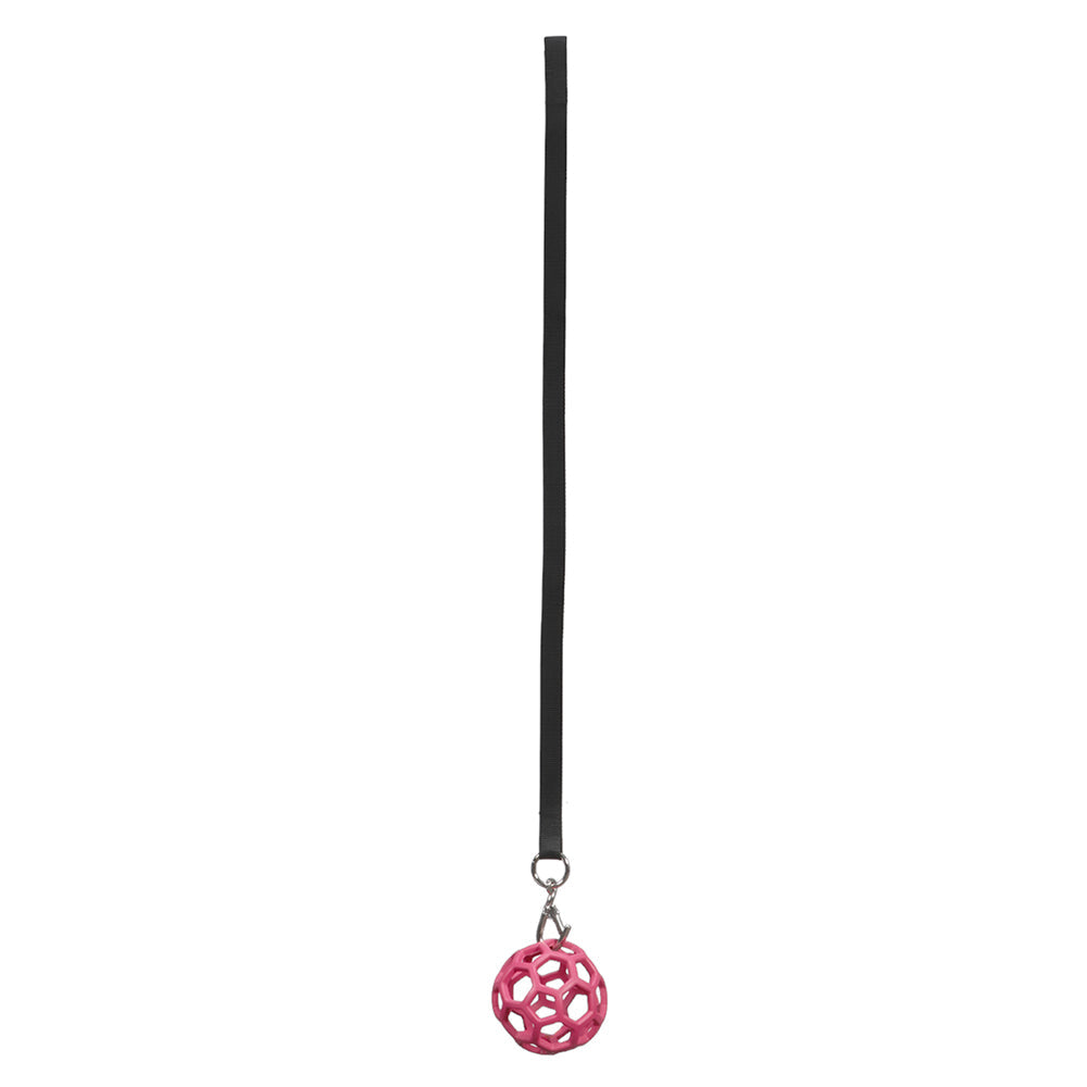 Horsemaster Pink Rubber Feed Ball, with a 90cm durable strap for secure attachment.