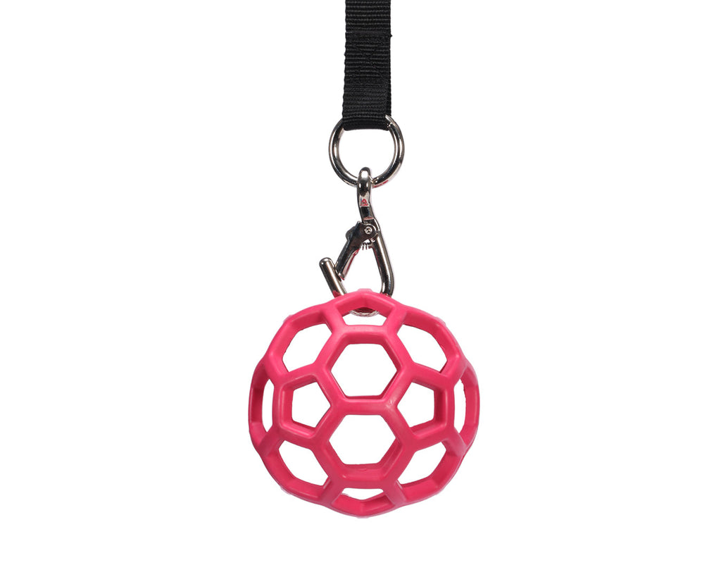 Horsemaster Pink Rubber Feed Ball, with a 90cm durable strap for secure attachment.