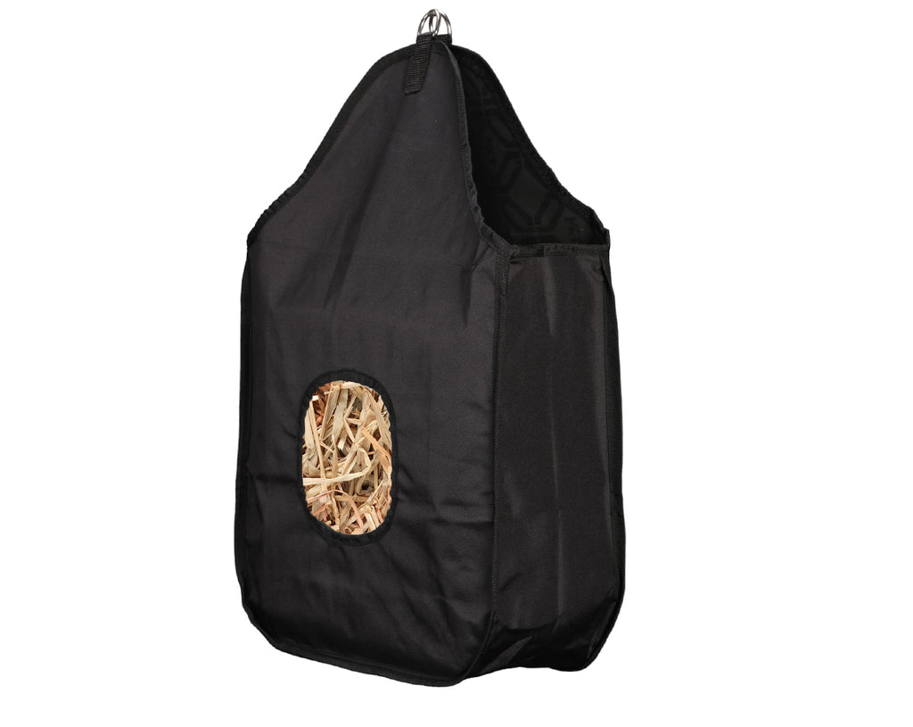 GG Hay Bag Feeder in Black with Hanging Rings and Anchor on back for secure attatchment when feeding your horse or pony