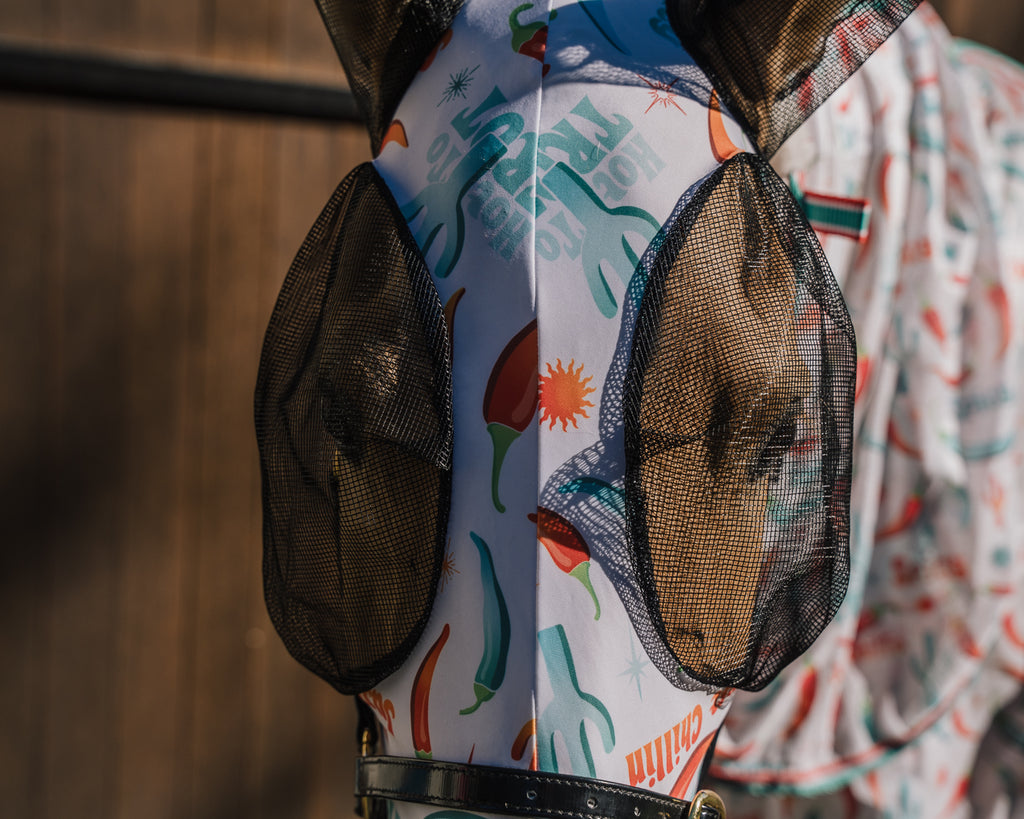 Kool Master Lycra Pull on Fly Mask with Skirt - Hot To Trot