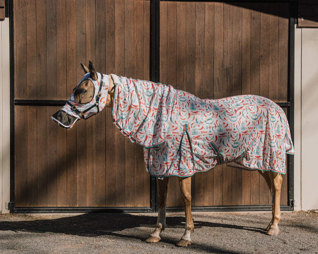 Kool Master Lycra Pull on Fly Mask with Skirt - Hot To Trot