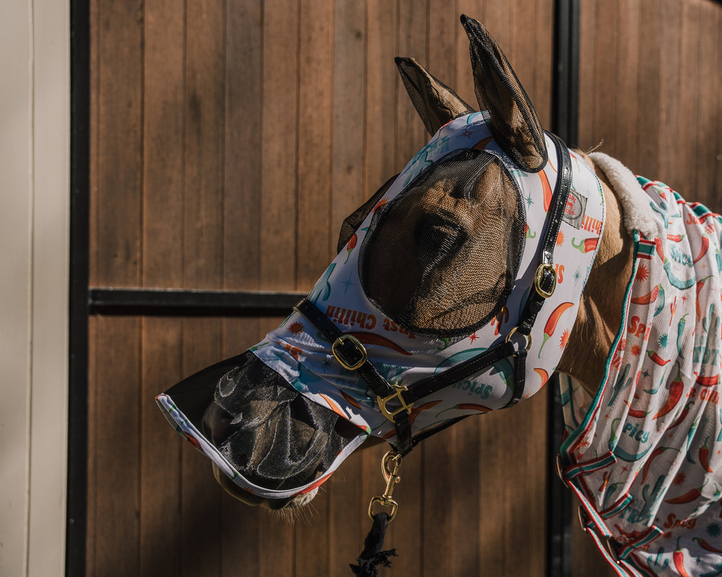 Kool Master Lycra Pull on Fly Mask with Skirt - Hot To Trot