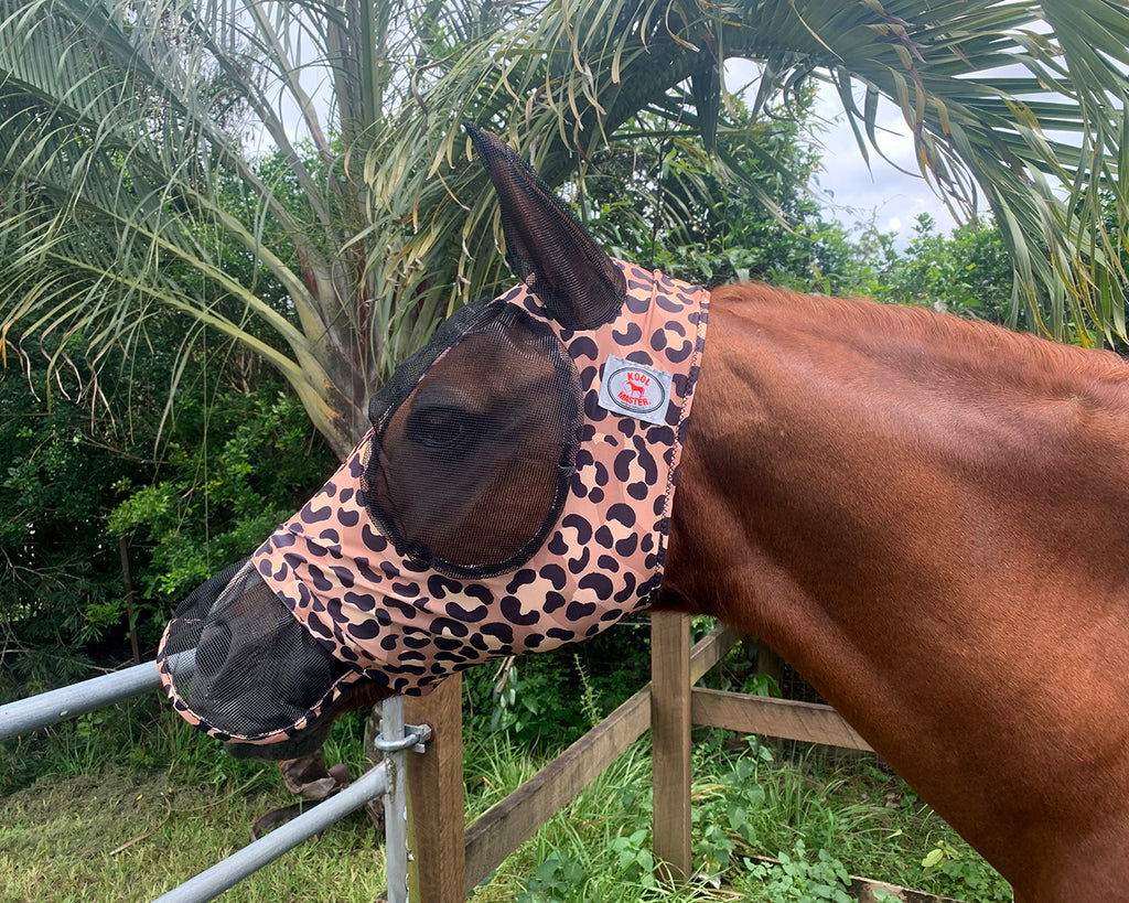 Kool Master Lycra Pull on Fly Mask with Skirt to cover the horse's nose in Leopard print