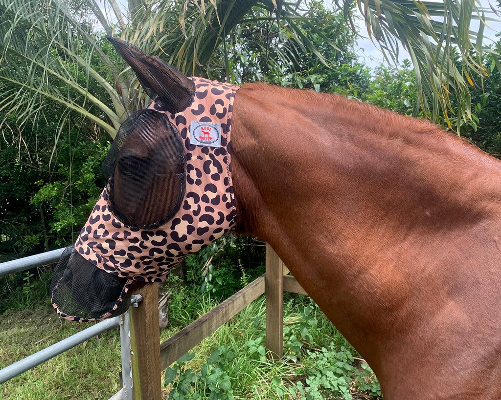 KooMaster Leopard Print Lycra Fly Mask for horses, with skirt to cover nose