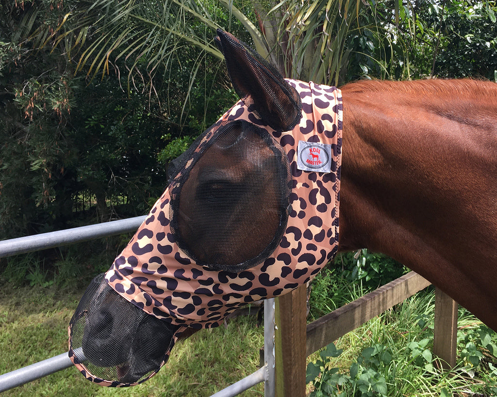 Protect your horse or pony's face & nose with Greg Grant's Kool Master Lycra Pull on Fly Mask in Leopard Print