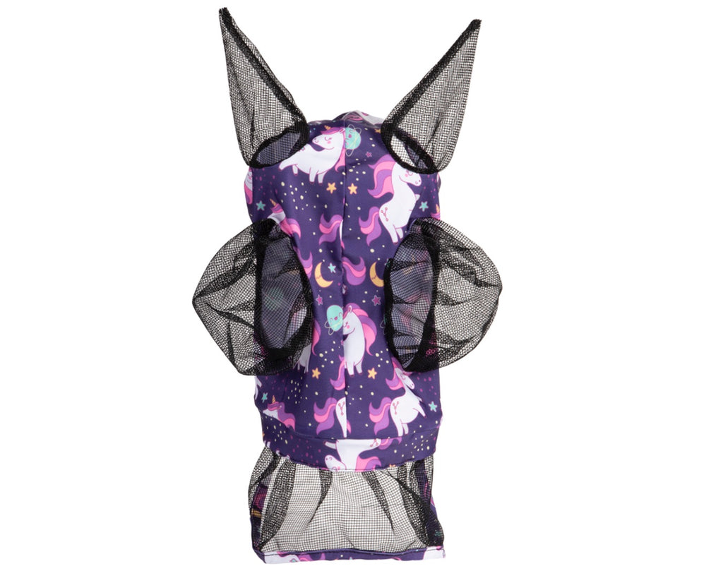 Lycra fly mask with skirt nose, offering full-face coverage and protection for your horse. Made from breathable and stretchy lycra fabric.