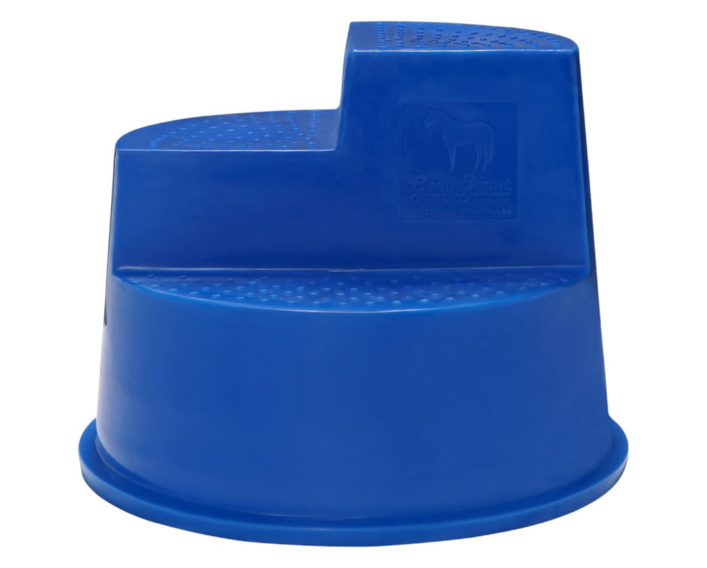 Three step mounting block in blue to help rider's to easily and safely mount their horse