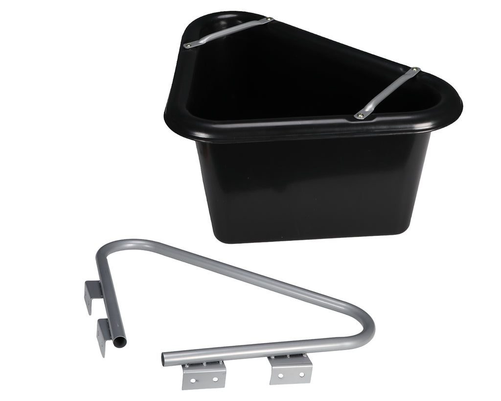 Plastic Corner Feed Tub - heavy duty black plastic feeders with a corner support frame made of tubular steel with 2 brackets welded on each side to attach to the stable wall or fence