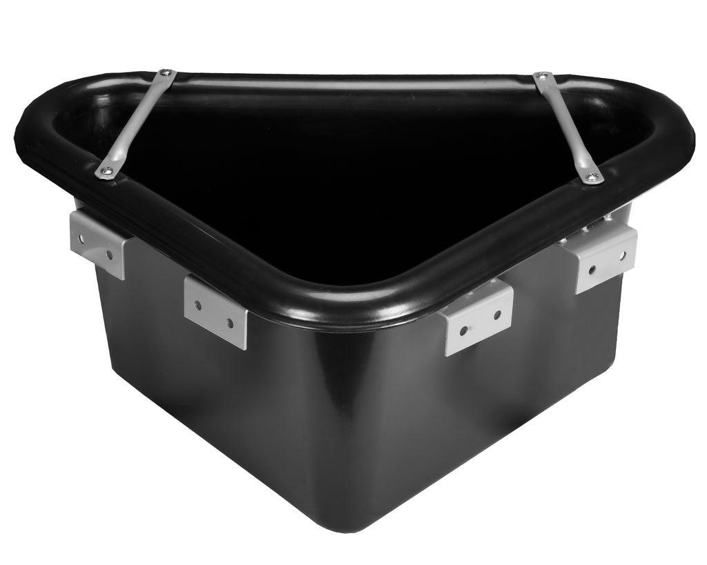 Plastic Corner Feed Tub - heavy duty black plastic feeders with a corner support frame made of tubular steel with 2 brackets welded on each side to attach to the stable wall or fence