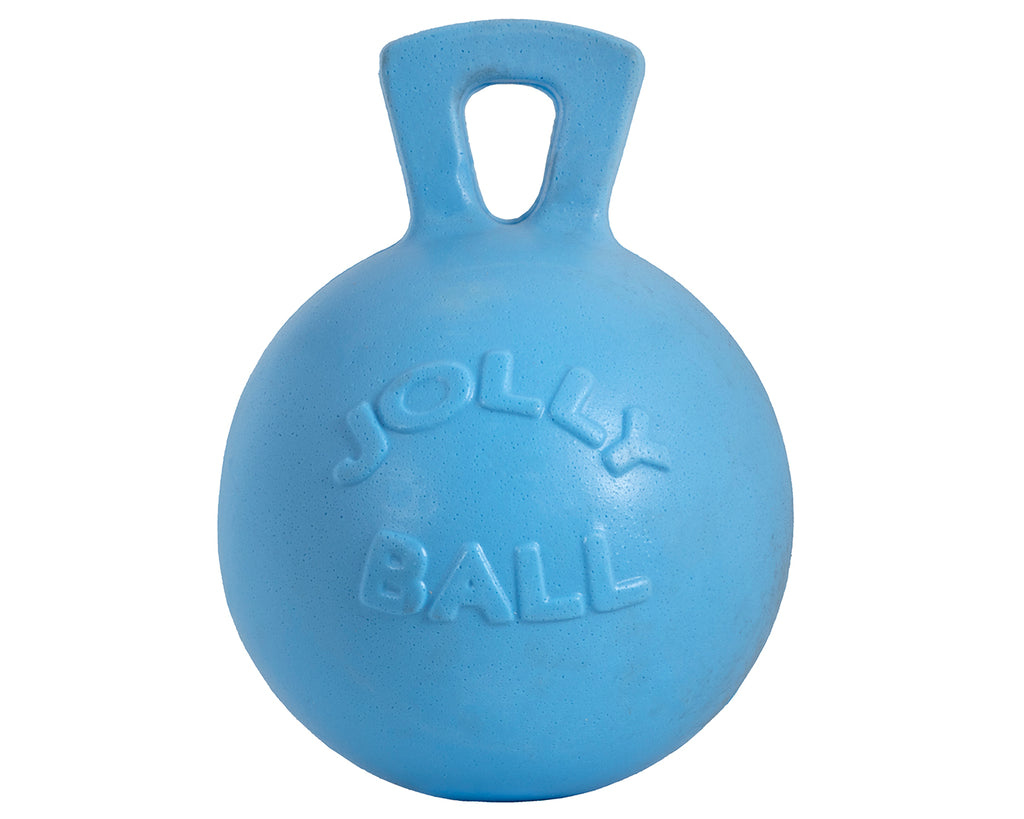 An 8" Jolly Ball with a large attached handle, suitable for horses and large dogs. The non-toxic and durable ball resists punctures and does not require air, making it a long-lasting favorite toy for pets.