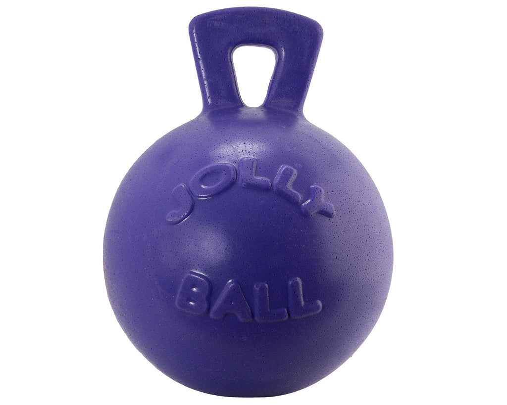An 8" Jolly Ball with a large attached handle, suitable for horses and large dogs. The non-toxic and durable ball resists punctures and does not require air, making it a long-lasting favorite toy for pets.