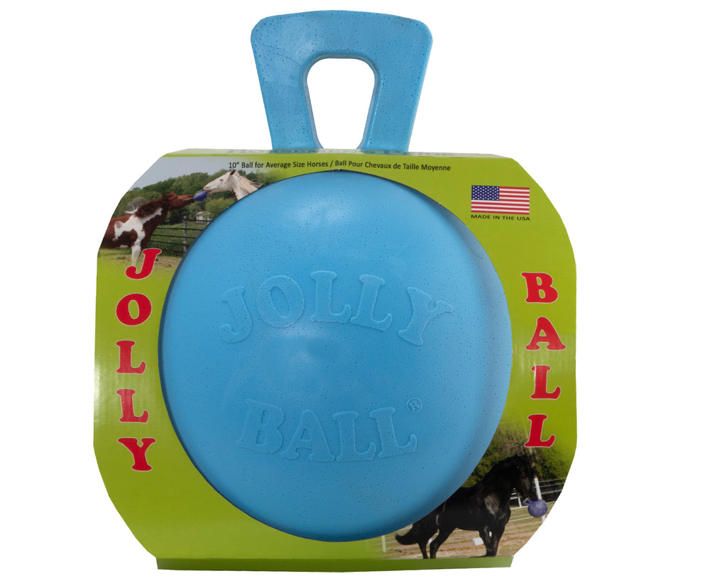 A 10" Jolly Ball, a durable and puncture-resistant play toy for horses. The ball does not require air to inflate and is suitable for relieving boredom and stress.