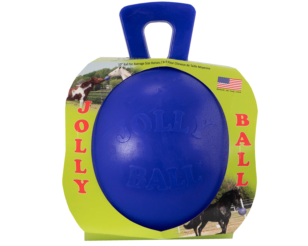 A 10" Jolly Ball, a durable and puncture-resistant play toy for horses. The ball does not require air to inflate and is suitable for relieving boredom and stress. 