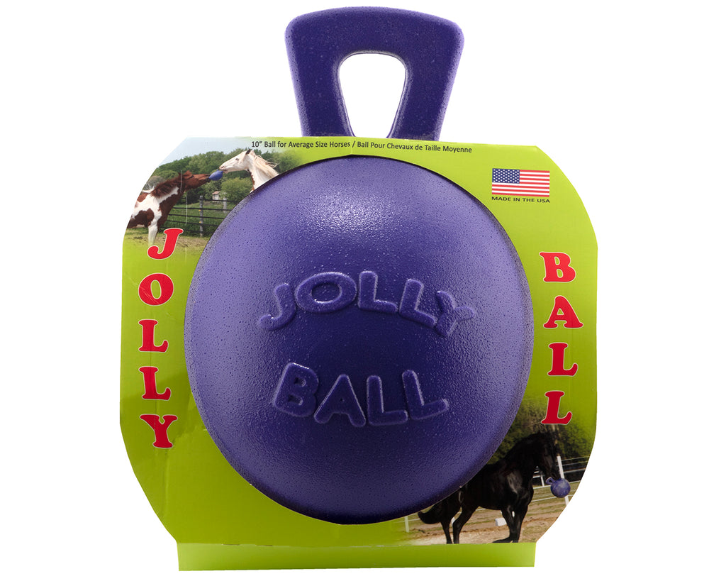 A 10" Jolly Ball, a durable and puncture-resistant play toy for horses. The ball does not require air to inflate and is suitable for relieving boredom and stress. 