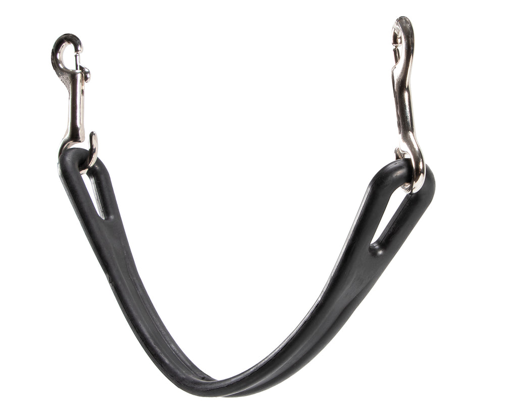 The STC Super Rubber Safety Tie Strap features brass plated snaphooks and measures 76cm in overall length. It is designed for securing horses during various equestrian activities such as race days, thoroughbred sales, transportation, and competitions.