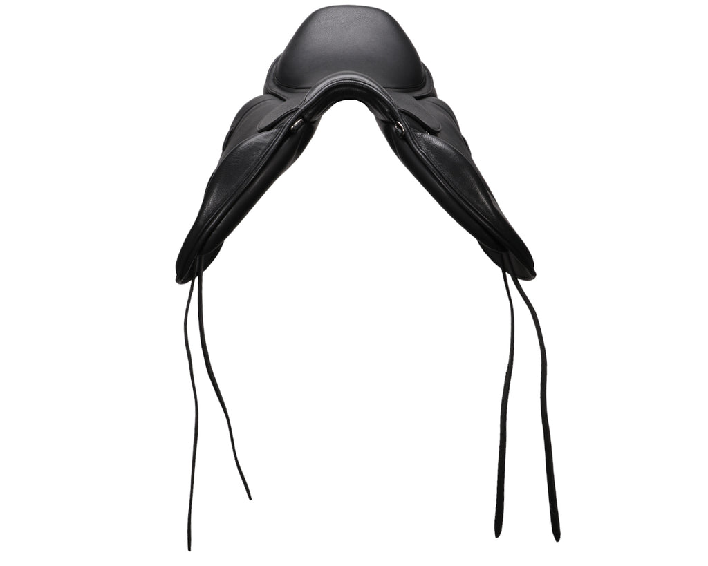 Sterling Monoflap Eventing Saddle in black leather, image showing front of saddle