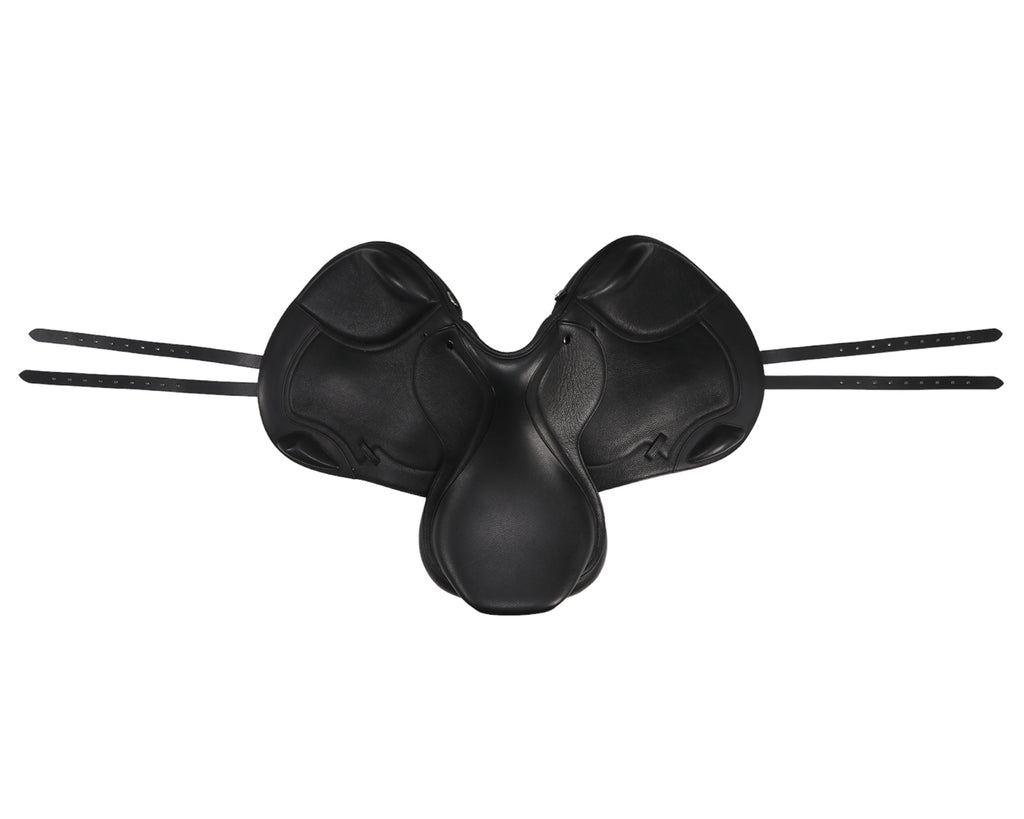 Sterling Monoflap Eventing Saddle in black leather, image from top of saddle showing seat, gullet, flaps & girth points