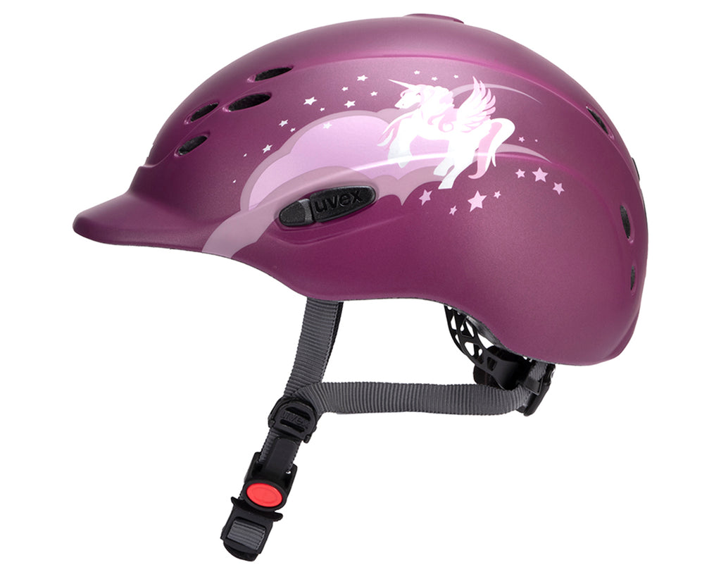 The Uvex Onyxx Unicorn Riding Helmet, presented by Greg Grant Saddlery, offers lightweight, well-ventilated comfort for junior riders navigating various terrains. Its 3D IAS system provides optimal fit and growth adaptability, meeting VG1 01.040 2014-12 Safety Standards, ensuring a secure ride. Get yours for a safe and comfortable riding experience!