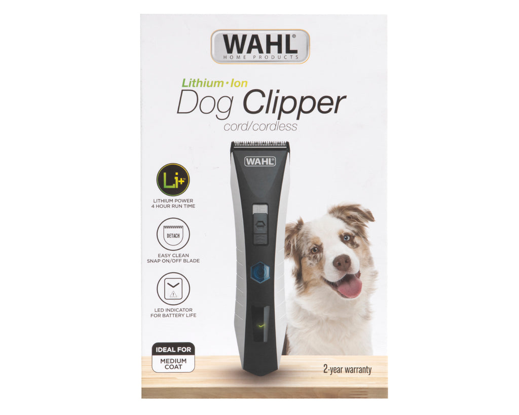 Wahl Lithium Power Cord/Cordless Dog Clipper - A grooming tool for medium-coated dogs. Features include lithium power with up to 4 hours of run time, LED indicator for battery life, detachable easy on/off blade for cleaning, and a 2-year warranty.
