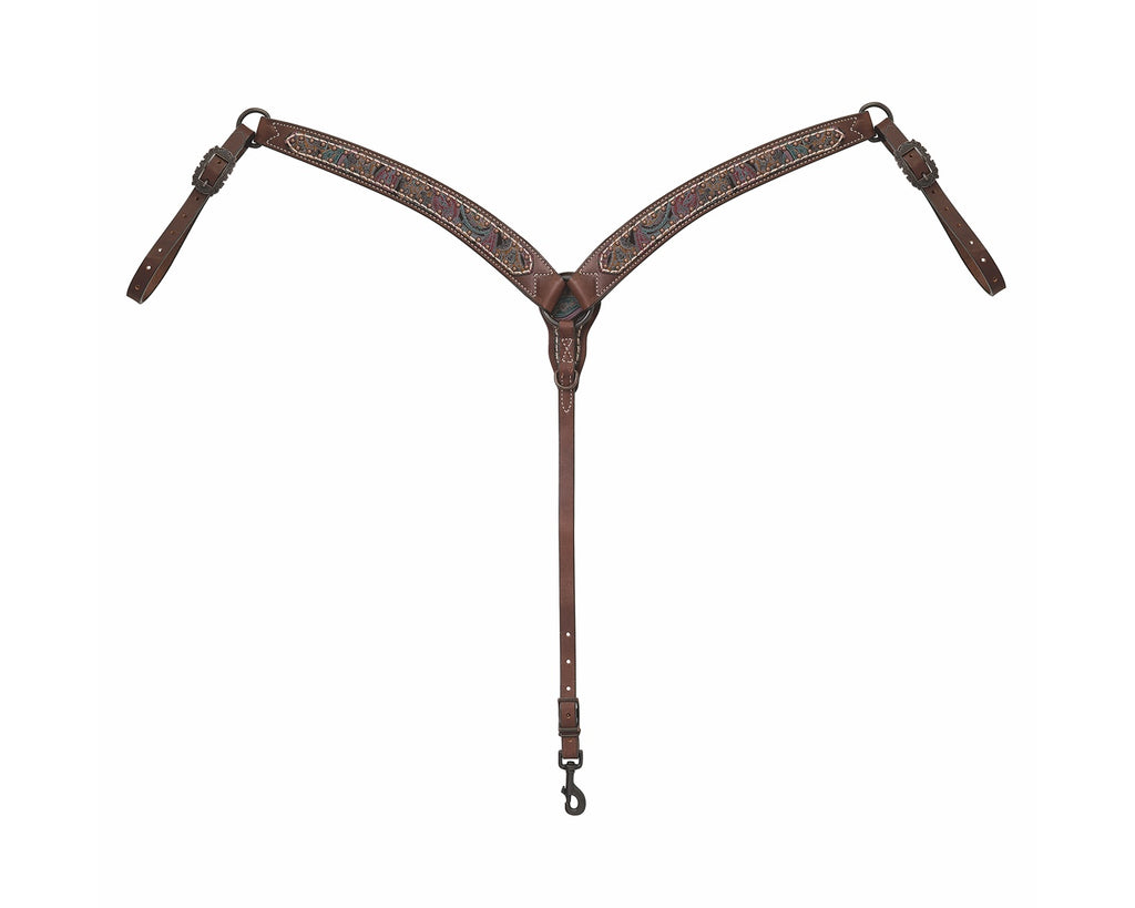 chocolate premium leather breastcollar features unique umbrella spots in antique copper. With stainless steel hardware this breastcollar is durable and stands strong against rusting.