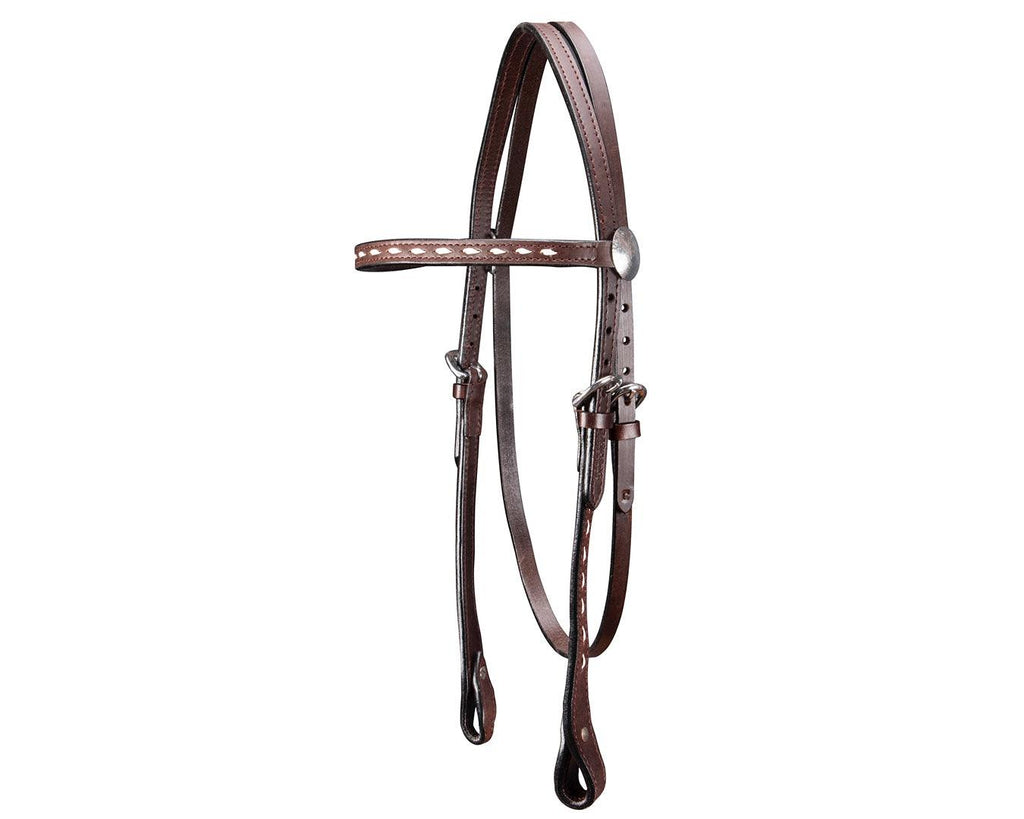 Fitzroy Buckstitched Western Bridle with White Trim and Silver Conchos, includes Matching Reins - Elegant and stylish leather horse headstall with decorative buckstitched trim and conchos. Sold as a set.