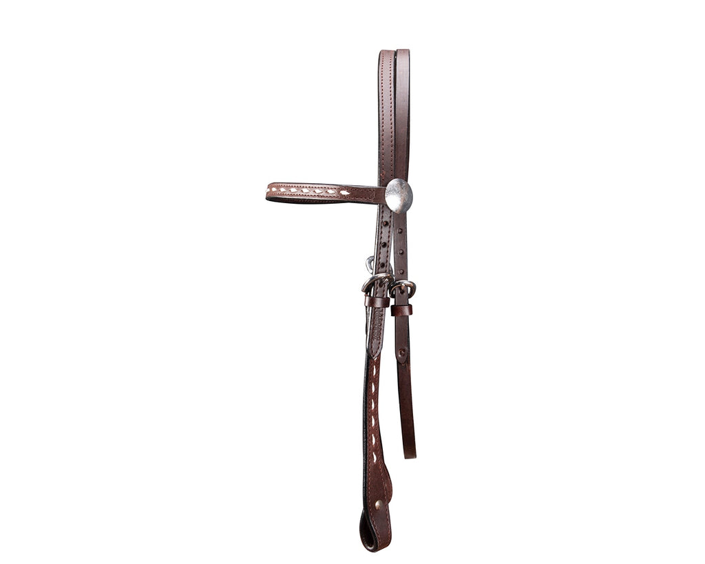 Fitzroy Buckstitched Western Bridle with White Trim and Silver Conchos, includes Matching Reins - Elegant and stylish leather horse headstall with decorative buckstitched trim and conchos. Sold as a set.