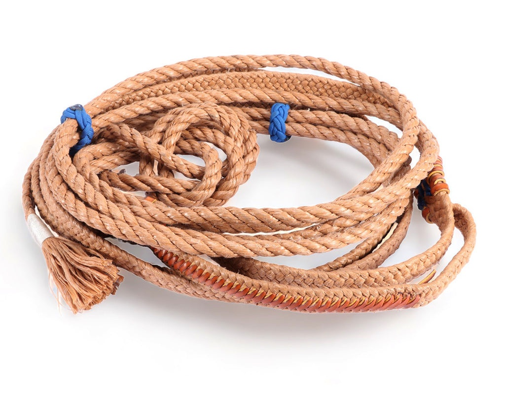 Bull Riding Rope: Made in the USA, durable poly rope with braided hand holds and nylon tail. Suitable for riders of all heights. Get yours today and experience the thrill of the ride!