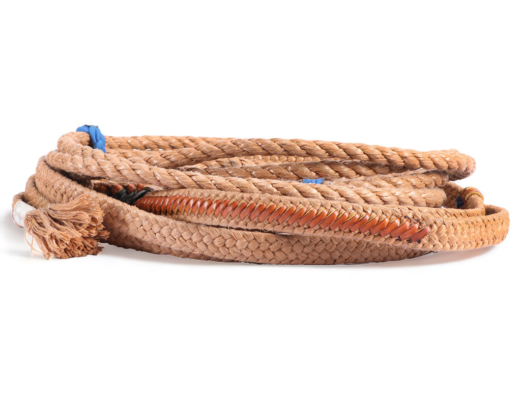 Bull Riding Rope: Made in the USA, durable poly rope with braided hand holds and nylon tail. Suitable for riders of all heights. Get yours today and experience the thrill of the ride!
