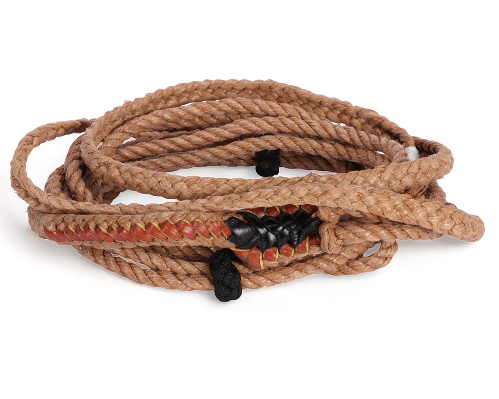 Steer Riding Rope: High-quality, hand-braided rope for professional steer riding. Right-hand design with leather hand holder and riser. Made in the USA.