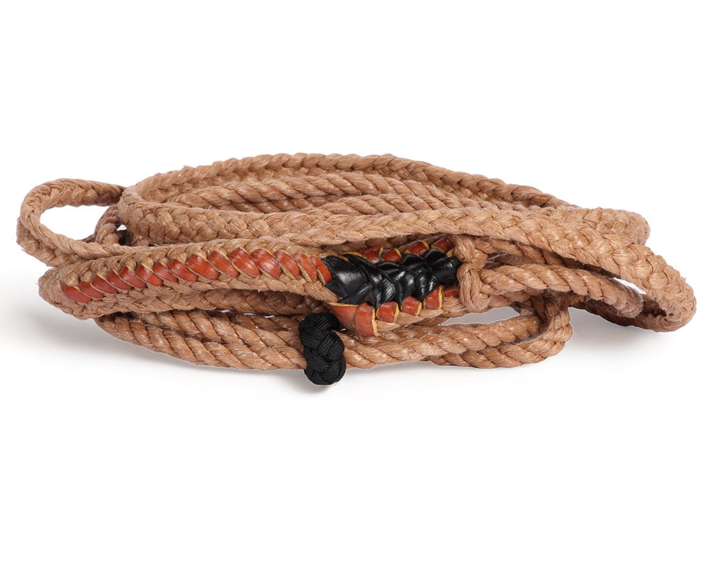 Steer Riding Rope: High-quality, hand-braided rope for professional steer riding. Right-hand design with leather hand holder and riser. Made in the USA.