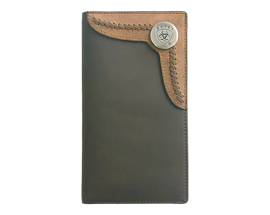 Ariat Rodeo Wallet in dark brown Leather with Tan Accents and an Ariat Logo