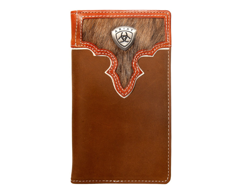 Ariat Rodeo Wallet in a Brown Leather with Animal Hair Accents and an Ariat Logo