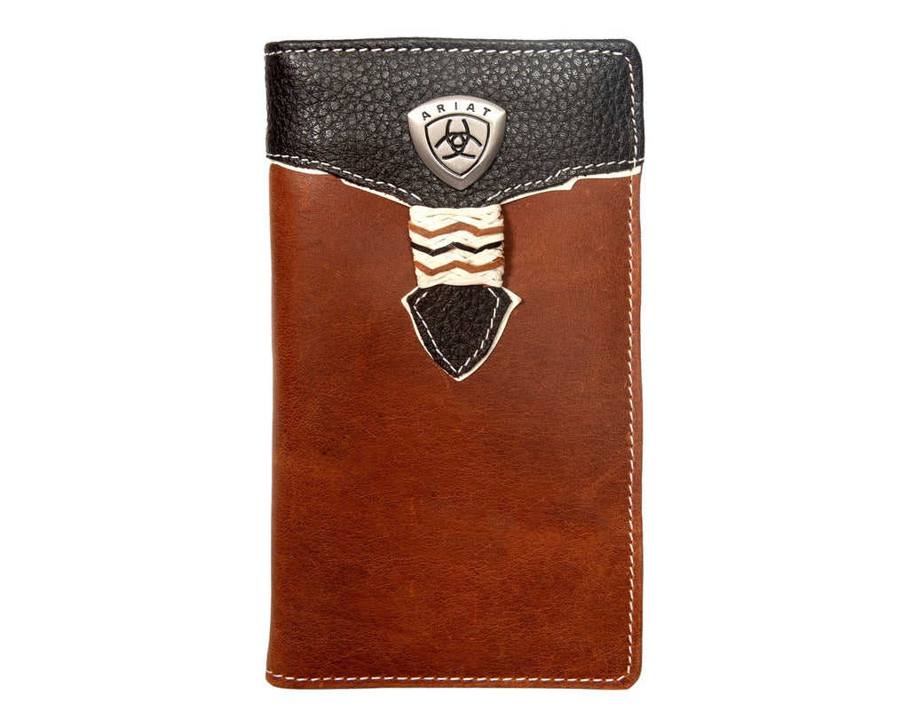 Ariat Rodeo Wallet in a Brown Leather with a Black Leather Overlay and a Metal Ariat Logo