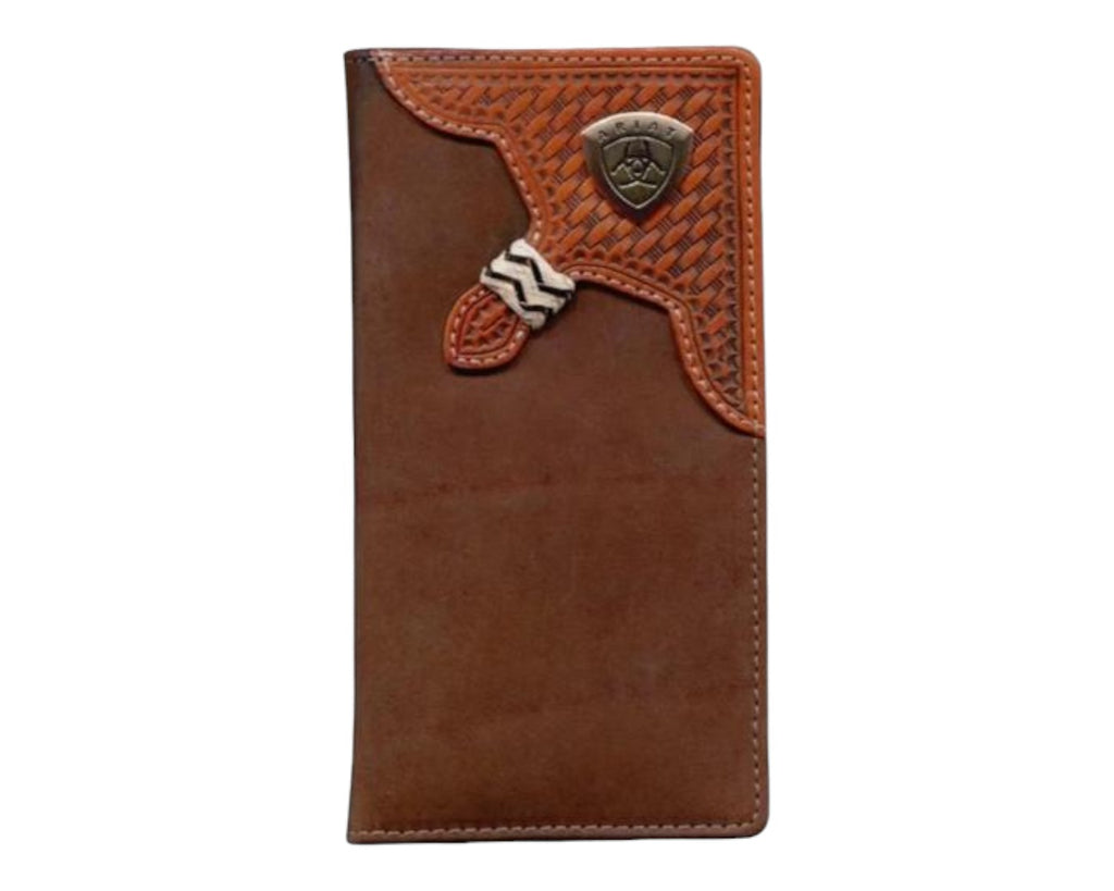 Ariat Rodeo Wallet in a Dark Tan Leather with a Dark Brown Basket Weave Overlay and a metal Ariat logo
