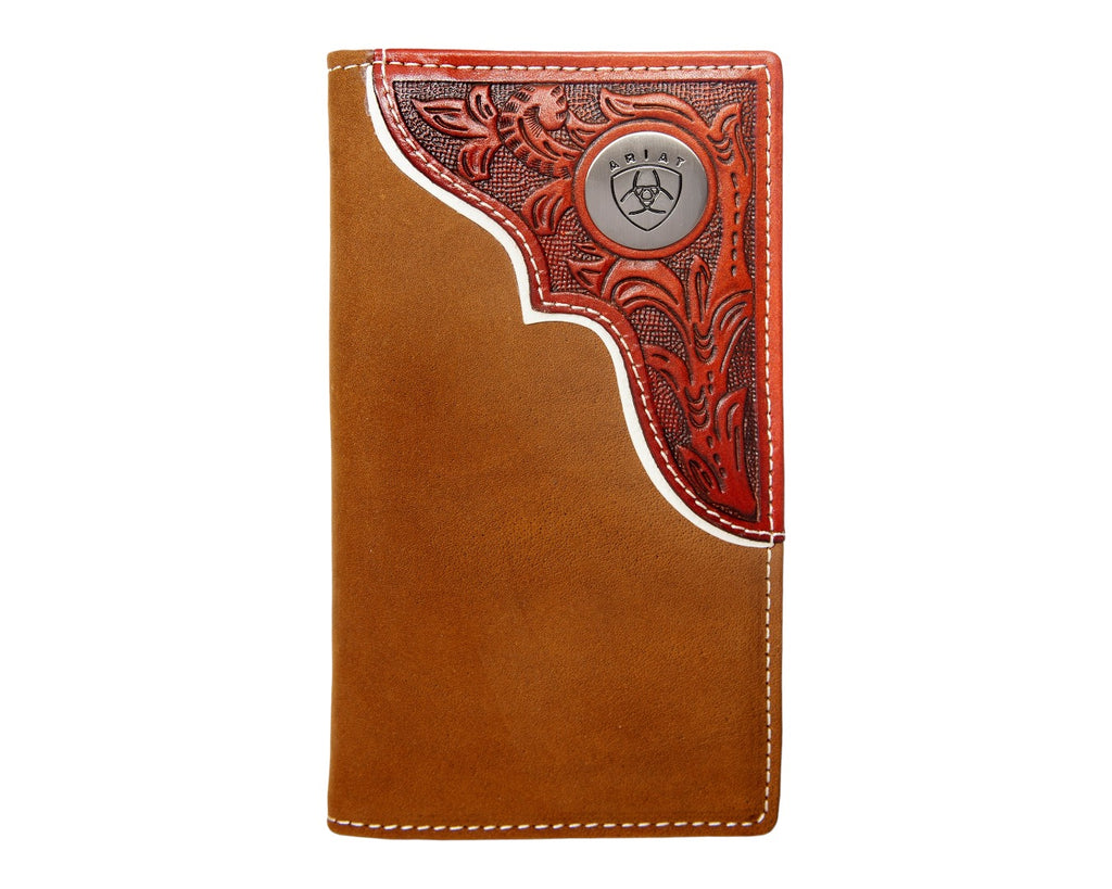 Ariat Rodeo Wallet in a Light Tan Leather with Dark Orange Tooled Leather Overlay and a metal Ariat Logo